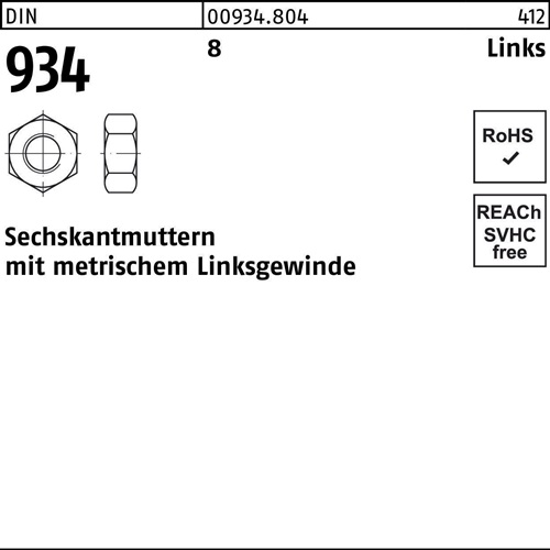 Sechskantmutter DIN 934 links M12 -LH 8 100 Stück